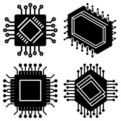 Poster - Illustration of four black computer chips with multiple pins in different isometric view styles