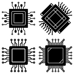 Poster - Four black and white computer chips with different designs arranged on a white background neatly placed
