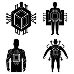 Poster - Illustrations of human figures integrated with circuit boards and a cube with connections