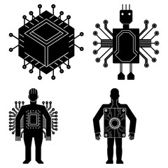 Poster - Illustration of four stylized figures depicting a blend of human and computer components in black