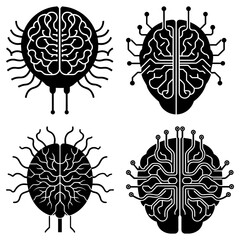 Poster - Four stylized brain icons with circuit board patterns and antenna like extensions in black and white