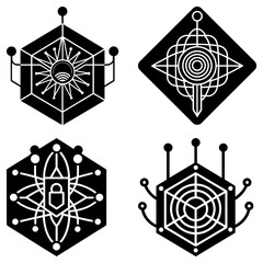 Poster - Collection of four abstract geometric designs with hexagonal and diamond shapes in black and white style