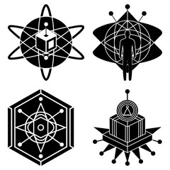 Poster - Four black and white geometric symbol designs including a human figure and atom like structures drawn well