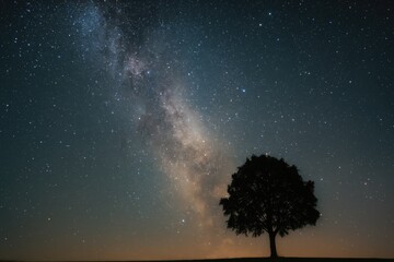 Wall Mural - night sky with a starry milky way and a tree silhouette