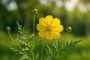 Aufkleber - The vibrant yellow cosmos bloom is opening alongside green foliage and budding flowers, and can be grown from seed.