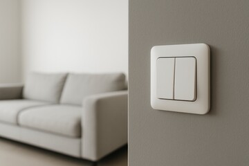 Poster - Detailed view of a contemporary dual light control mounted on a grey wall with a cozy sofa and minimalist decor in the background
