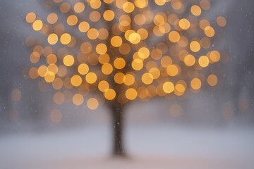 Poster - Street-side tree adorned with yellow string lights and festive decorations during winter celebrations