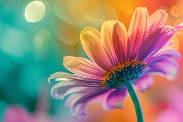 Poster - Close up of colorful daisy flower blooming against a vibrant, bokeh background, showcasing the beauty and delicacy of nature