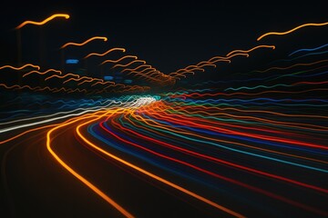 Poster - Nighttime cityscape featuring vibrant light streaks from street lamps and moving vehicles, creating an abstract urban scene through long exposure photography