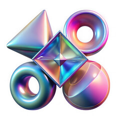 Poster - Collection of iridescent geometric shapes isolated on transparent background