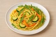 © The 2R Artificiality - Creamy pasta featuring arugula, zucchini, and carrots served on a white dish with a wooden backdrop. Culinary delight.