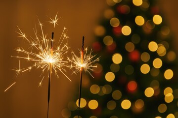 Poster - Festive night celebration with glowing sparklers under holiday lights.