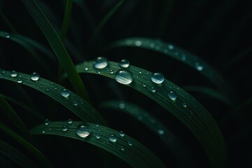 Poster - Close-up of dew droplets on grass against a dark backdrop
