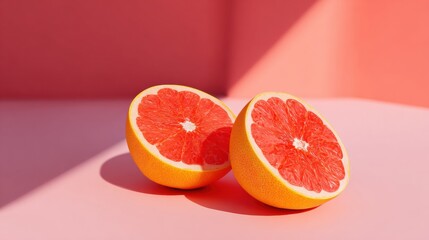 Poster - Grapefruit Halves Resting on a Geometric Pastel Background With Soft Shadows and a Clear Upper Zone