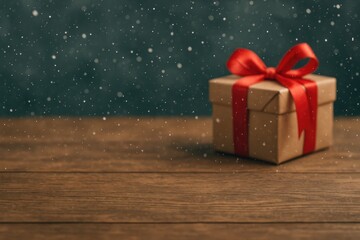 Poster - Vintage panoramic wooden tabletop showcasing a blurred holiday gift box with snow effect for product presentation