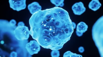 Poster - Detailed 3D Render of Blue Cells Floating Against a Dark Backdrop Highlighting Cellular Biology with Glossy Surfaces