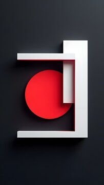 Abstract geometric art design with red circle and white shapes on black background