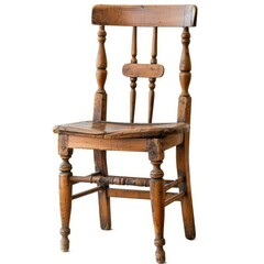 Poster - Simple, worn, wooden chair isolated on a white background, showing signs of age and use