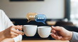 © Pixel Spark - Business networking discussion over coffee with chat bubble icons