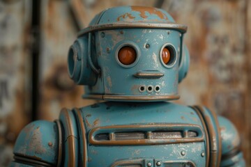 Poster - Close up of a vintage toy robot showcasing its weathered metallic body and distinctive orange eyes