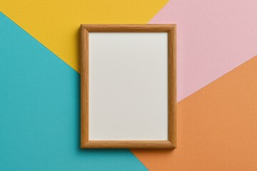 Poster - Picture of a wooden frame against a vibrant paper wall filled with memories and no people