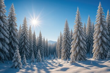 Wall Mural - snow-blanketed woodland with sunlight filtering through the branches. clear blue sky and frost-cover