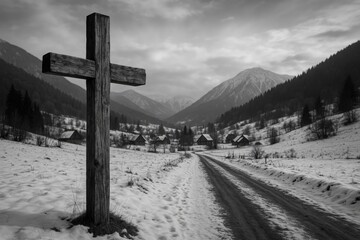 Wall Mural - vintage wooden cross in a rural mountain village during winter, monochrome photograph