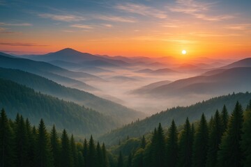 Naklejka na meble Misty scenic view of the Carpathians' mountain landscapes