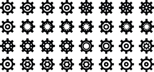 Aufkleber - Set of decorative black flower silhouettes with gear and machinery vector elements for design and industrial illustration