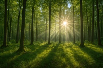 Poster - Dappled sunlight filtering through ancient woods in a nature series
