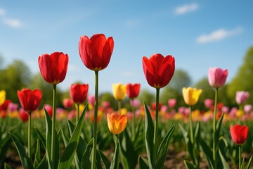 Poster - Garden filled with blooming tulips and a natural backdrop