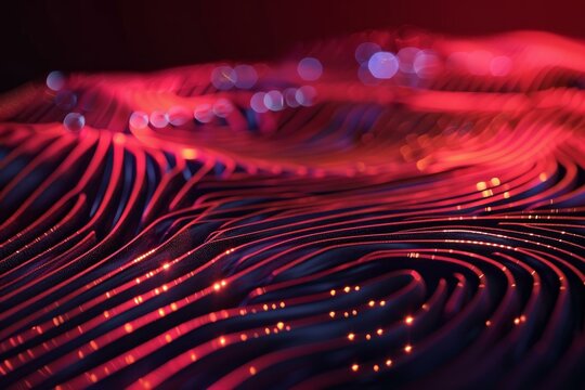 Abstract red and blue wavy lines forming a futuristic and technological landscape