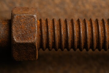 Poster - Close-up of a corroded fastener and threaded rod showcasing rusted mechanical parts, emphasizing difficulty in removal and disassembly with macro focus.