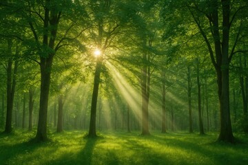 Poster - Sunlight filters through lush forest canopy with dense foliage