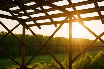 Poster - Sunlight filters through a metallic framework, creating warm golden shadows on the beams with a vibrant green scenery visible beyond the gaps. Empty space for additional content.