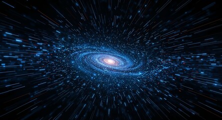a swirling galaxy with bright center surrounded by blue light streaks in dark outer space view