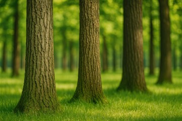 Poster - Forested scene featuring tree trunks with a softly blurred backdrop
