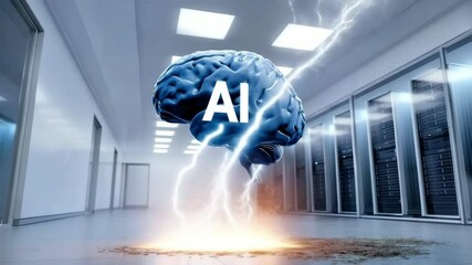 Poster - AI Brain with Lightning Effect in Modern Data Center Environment