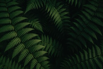 Wall Mural - aerial perspective of lush dark green fern foliage illuminated by sunlight in a woodland setting