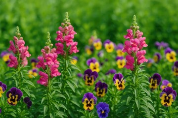 Wall Mural - Vibrant summer garden scene featuring pink antirrhinum and pansies