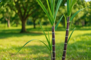 Poster - Lush sugar cane stalks thriving in a garden setting with an emphasis on random focus