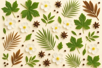 Poster - Botanical elements including trees, blossoms, palms, foliage, and spices