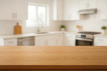 Poster - Close-up of a table with a blurred kitchen scene in the background