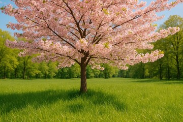 Poster - Blooming cherry blossoms amidst lush green fields