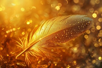 Poster - Golden feather glistening with water droplets creates a captivating image of delicate beauty and natural wonder