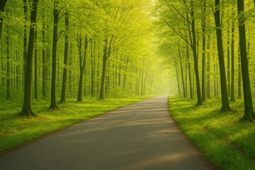 Poster - Early morning pathway through a spring forest scene