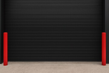 Poster - Close-up of a black garage door with red posts and a wide panoramic background
