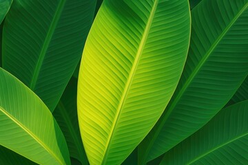 Poster - Detailed view of vibrant yellow-green banana foliage with gradient effects and natural radiance. Tropical-themed background or wallpaper featuring lush green leaves.