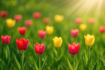 Poster - Bright spring flowers blooming in a field with sunlight and soft focus