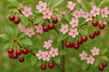 Poster - Blossoming cherry tree with vibrant pink flowers and lush green leaves against a soft-focus background